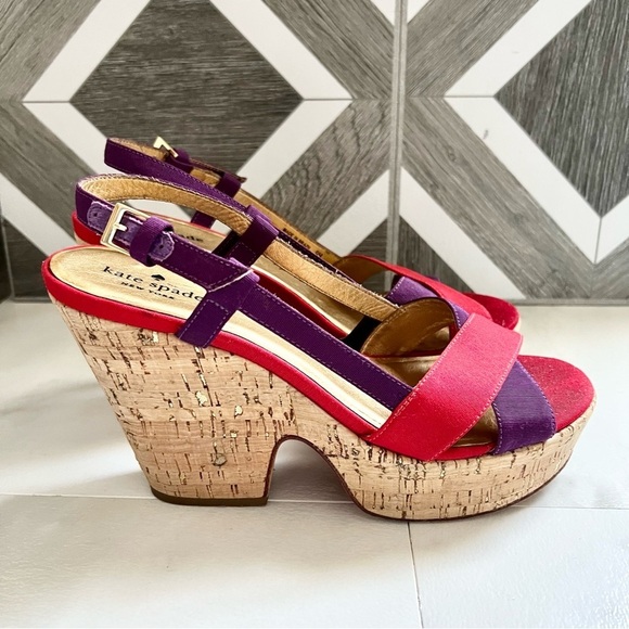 Kate Spade Penny Sandals Wedge Block Heels color block Red Purple Cork size 9 - Picture 8 of 10